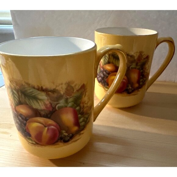 Aynsley Orchard Gold Fine Bone China Coffee Tea Mugs Yellow Fruit Motif Set Of 2 - Picture 5 of 10